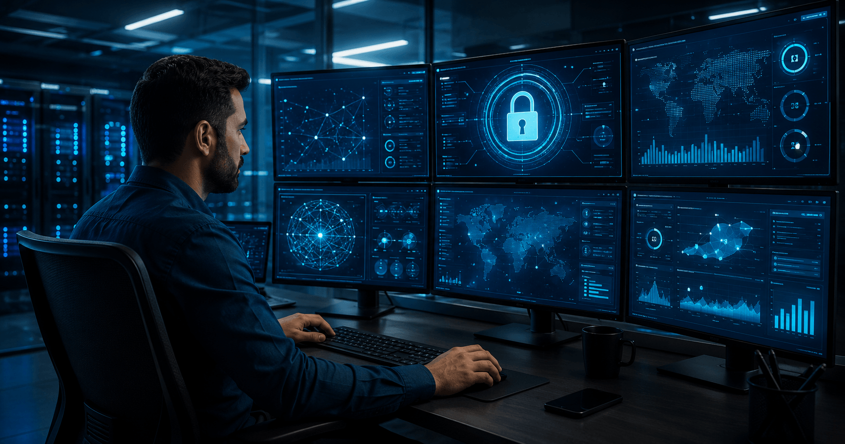 Illustration of an IT professional working at a desk with multiple monitors showing cybersecurity dashboards